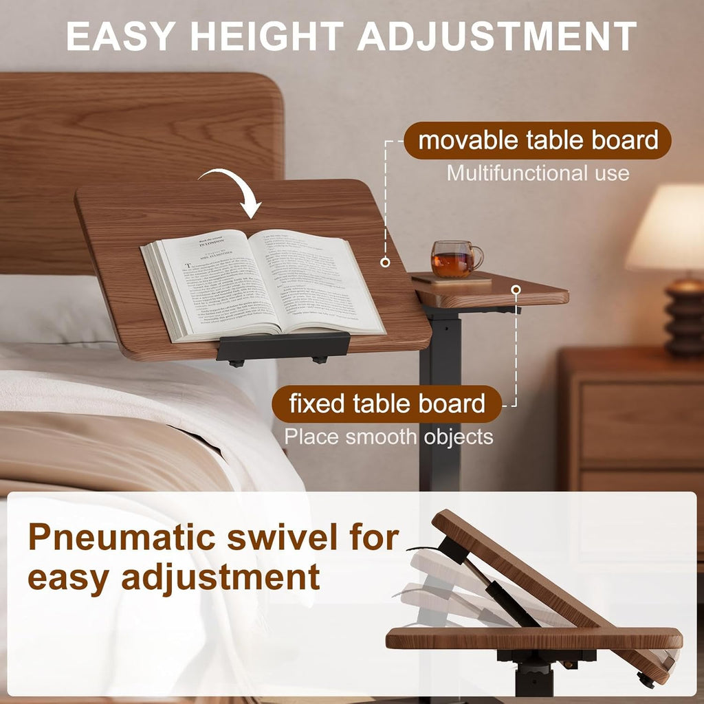 Solid Wood Overbed Bedside Table with Wheels, Tilting Adjustable Hospital Bed Table Over The Bed, Medical Mobile Laptop Stand, Rolling Standing Desk for Hospital and Home Use(Walnut)