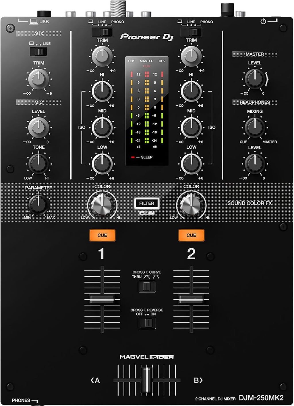Pioneer DJM-250MK2 2-Channel DJ Mixer with Independent Channel Filter - Bundle with Headphones, XLR Cable, and Austin Bazaar Polishing Cloth