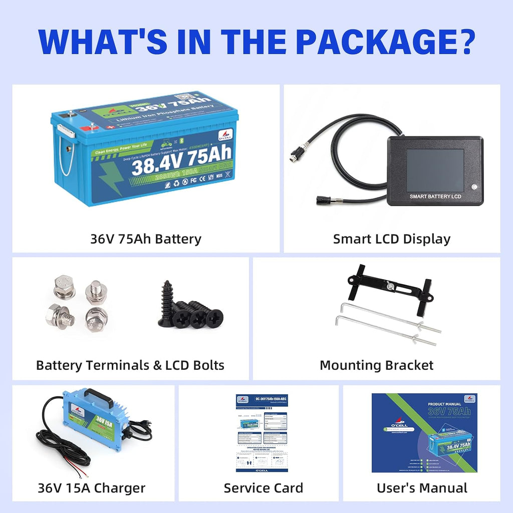 36V 75Ah LiFePO4 Battery (38.4V 2880Wh) - 10-Year Lifespan, Max 4500W (6HP) | Bluetooth 200A BMS, Touch LCD, 43.8V 15A IP67 Charger, Mounting Bracket | Ideal for Golf Carts, Trolling Motors, Solar