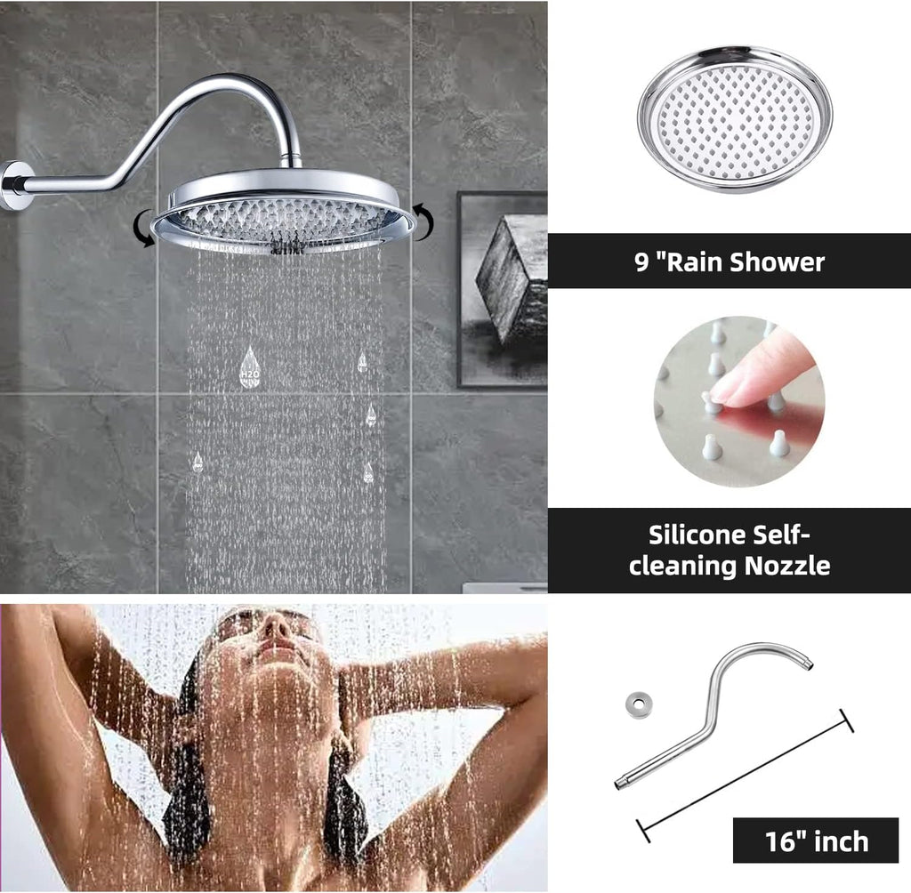 All Metal Thermostatic Shower System with Tub Spout Backnets Wall Mounted Shower Faucet Set for Bathroom with 9 Inch Rain Shower Head and Handheld, Rough-in Valve Body and Trim kit, Polished Chrome