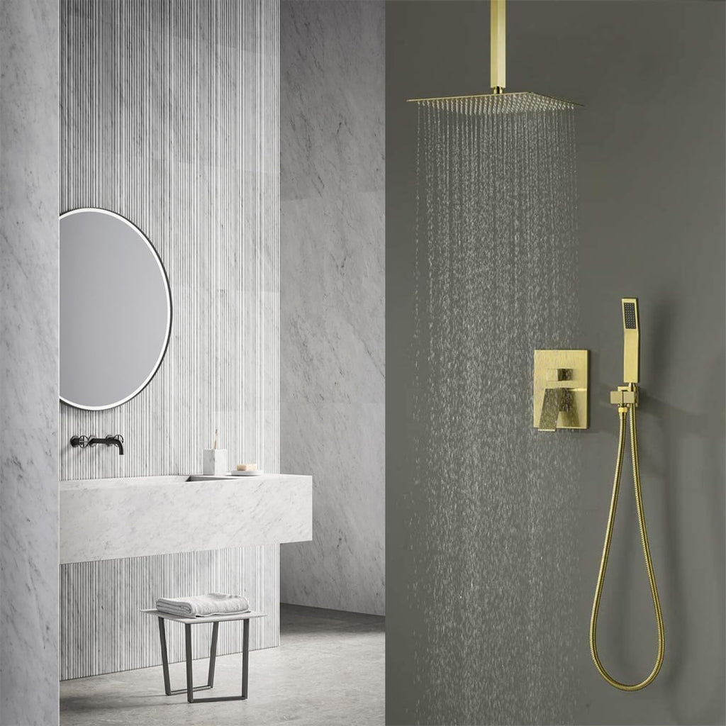 WELLFOR 12 Inch Ceiling Mount Shower System, Bathroom Luxury Rain Mixer, Shower Combo Set, Ceiling Rainfall Shower Head Faucet Trim Kits, Rough-in Valve and Trim Included (Brushed Gold)