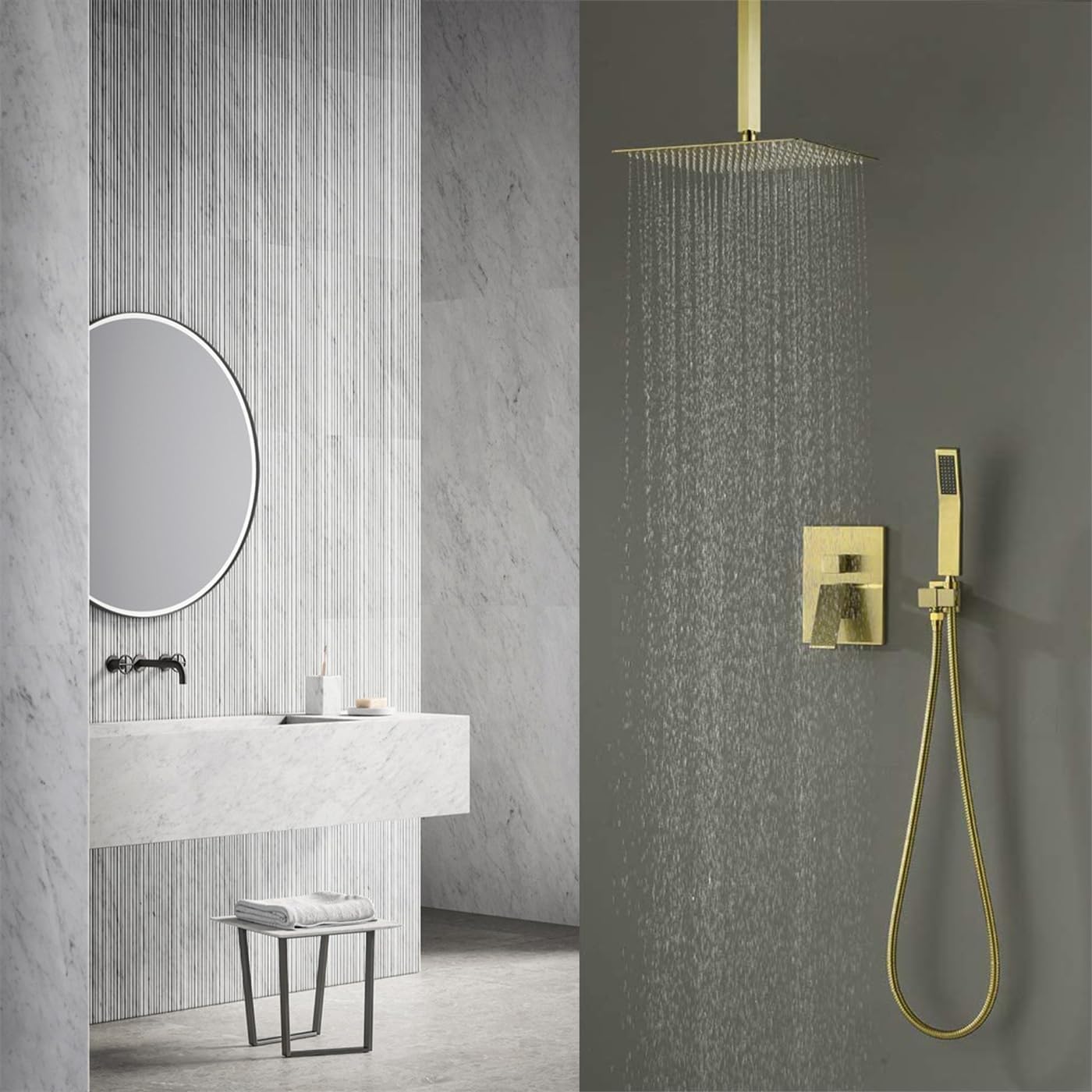 WELLFOR 12 Inch Ceiling Mount Shower System, Bathroom Luxury Rain Mixer, Shower Combo Set, Ceiling Rainfall Shower Head Faucet Trim Kits, Rough-in Valve and Trim Included (Brushed Gold)