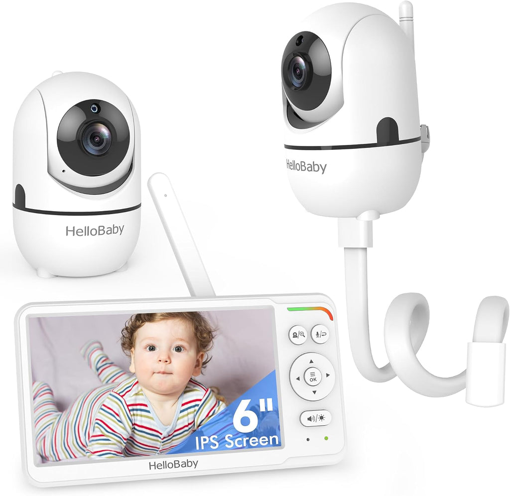 HelloBaby World's First 6' IPS Split Screen Mountable Baby Monitor with 2 Cameras - No WiFi, 30hr Battery, 355° Pan-Tilt, Night Vision, 1000ft, Portable Travel Video Audio Monitor with Temp Alert/Lull