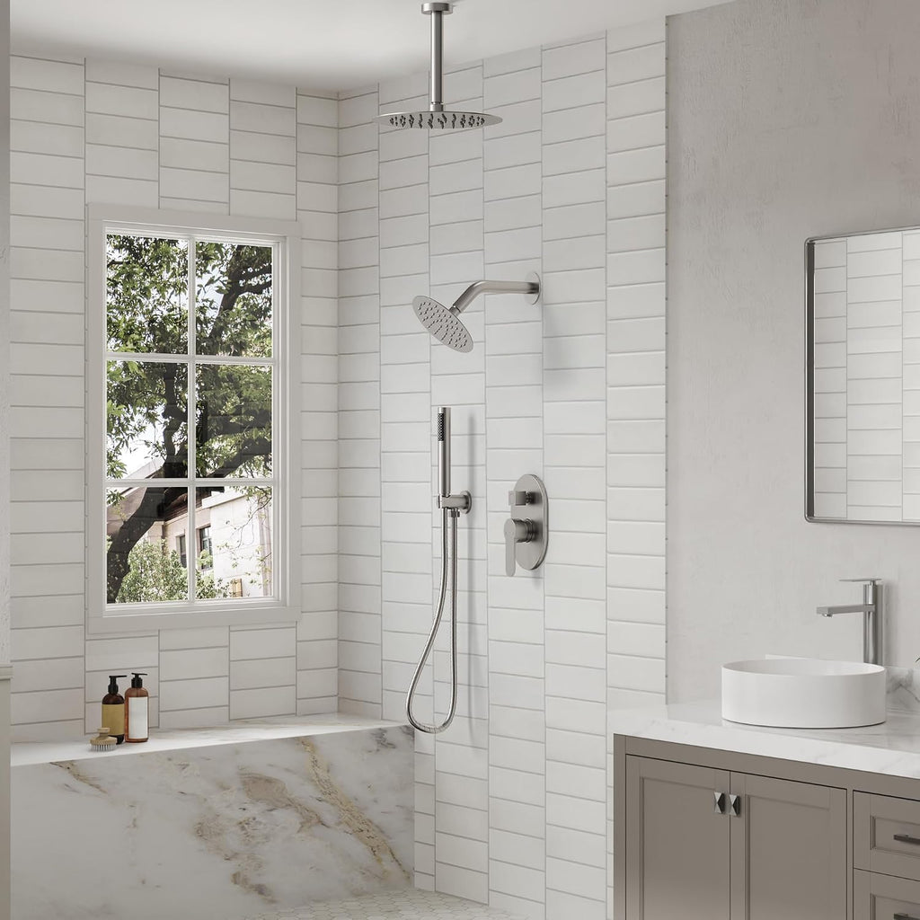 Ceiling Mount 10' High-Pressure Rainfall Shower Faucet, Dual Rainfall Shower Head System with Valve (Brushed Nickel)