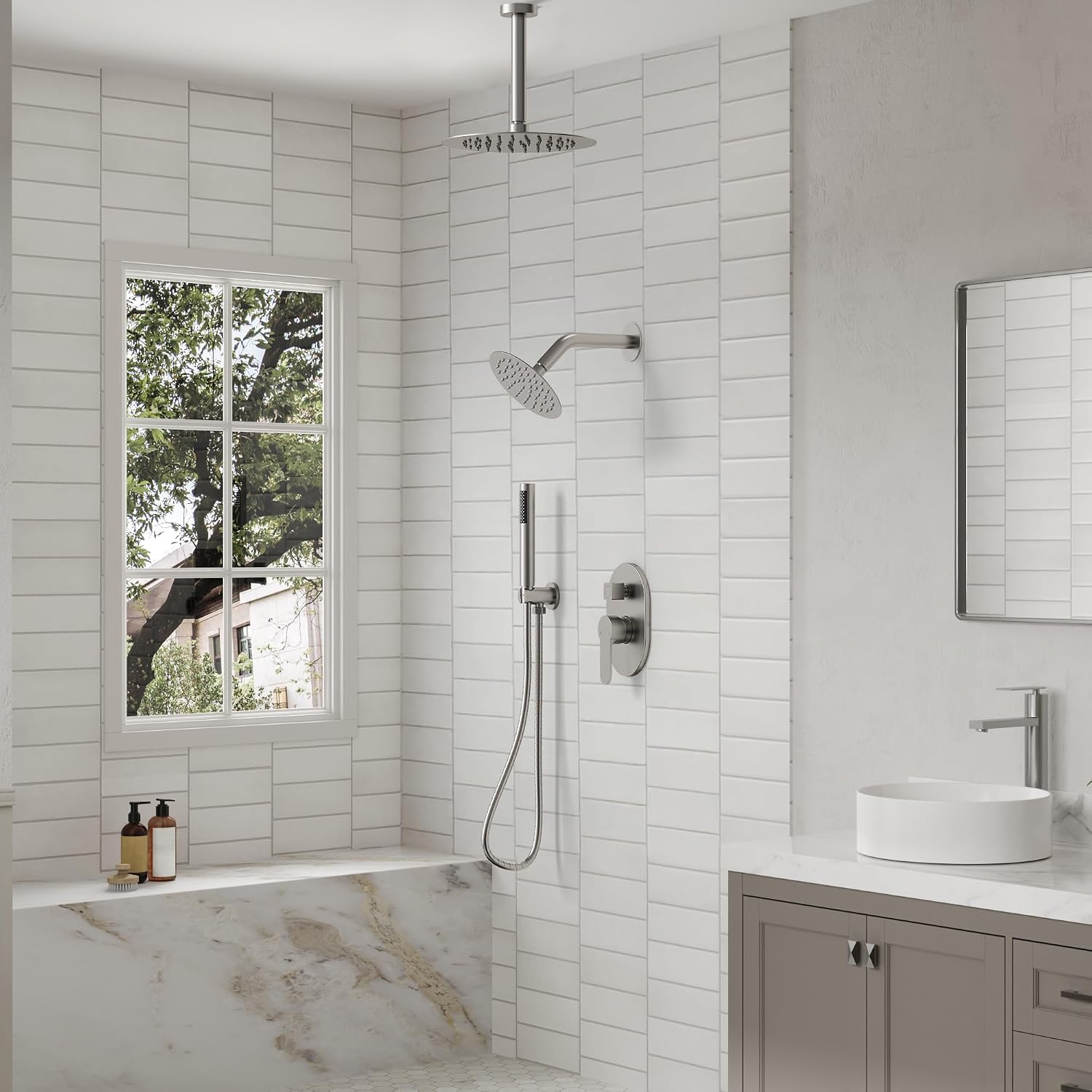 Ceiling Mount 10' High-Pressure Rainfall Shower Faucet, Dual Rainfall Shower Head System with Valve (Brushed Nickel)