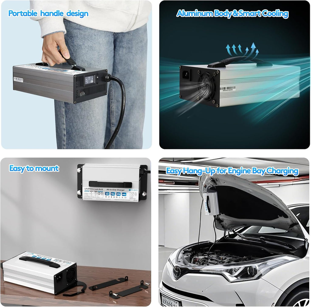 12V/24V LiFePO4 & AGM All in One Battery Charger Adjustable Current 6A-30A LiFePO4 14.6V 30A,29.2V 30A,Lead-Acid,AGM,Gel Fast Smart Battery Charger for Car,RV,Boat,Truck,Solar System