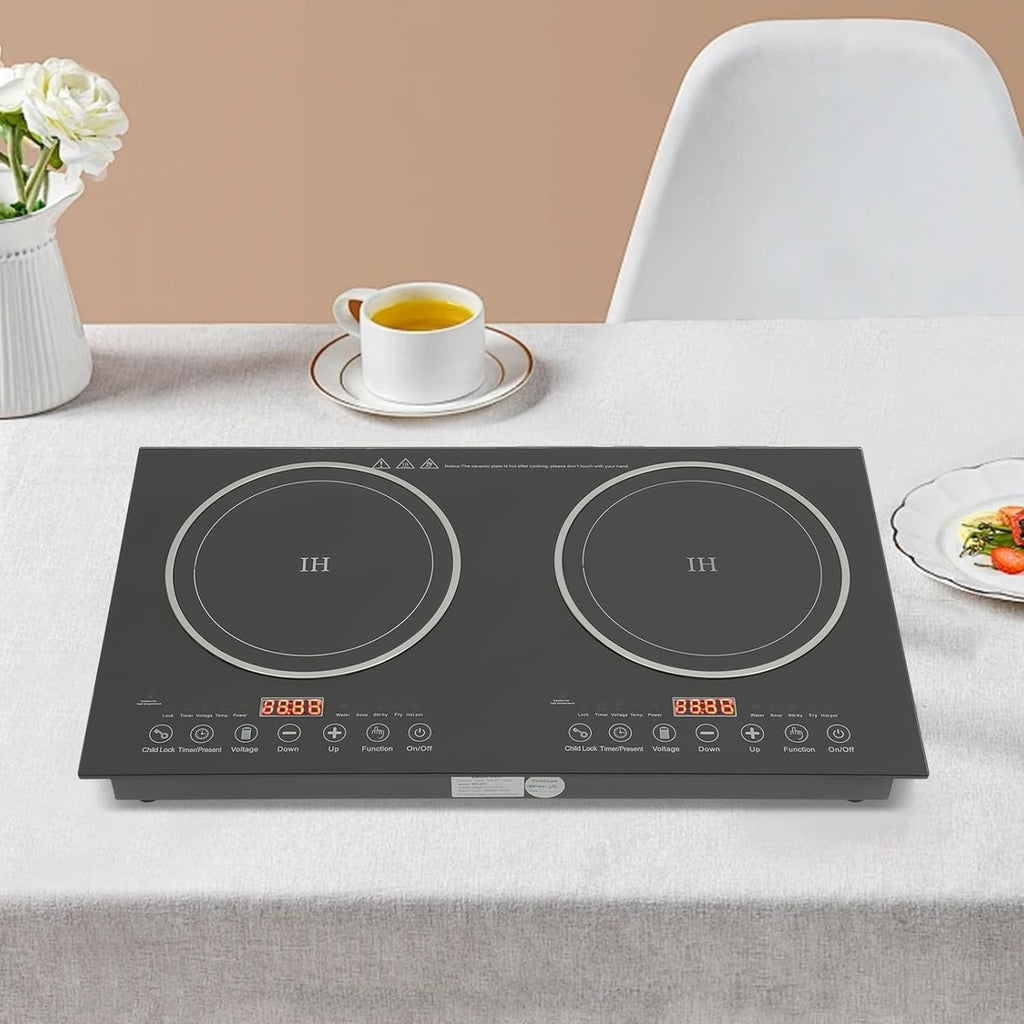 Induction Cooktop 2 Stoves, 110V 1200W+1200W, 8 Gears Firepower Regulation, Tabletop Stove Top with LED Display and Adjustable Temperature, Electric Hot Plate Crystal Cooktop for Kitchens