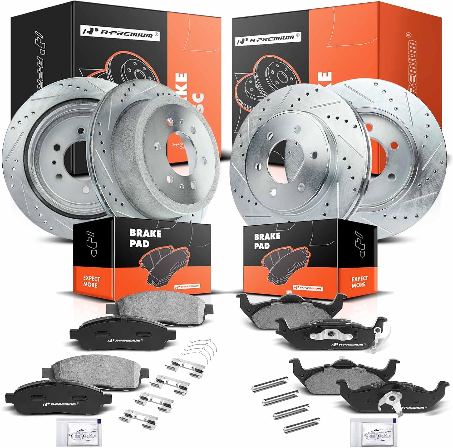 A-Premium Front and Rear Drilled and Slotted Disc Brake Rotors + Ceramic Pads Kit Compatible with Select Ford and Lincoln Models - For F-150 2004-2008, Mark LT 2006-2008, 12-PC Set