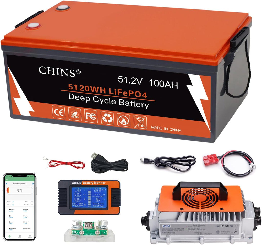 CHINS 48V 100Ah Lithium Golf Cart Battery, Includes Monitor, Built-in Bluetooth 200A BMS, 4000+ Cycles, 48V Lithium Battery Perfect for Golf Cart