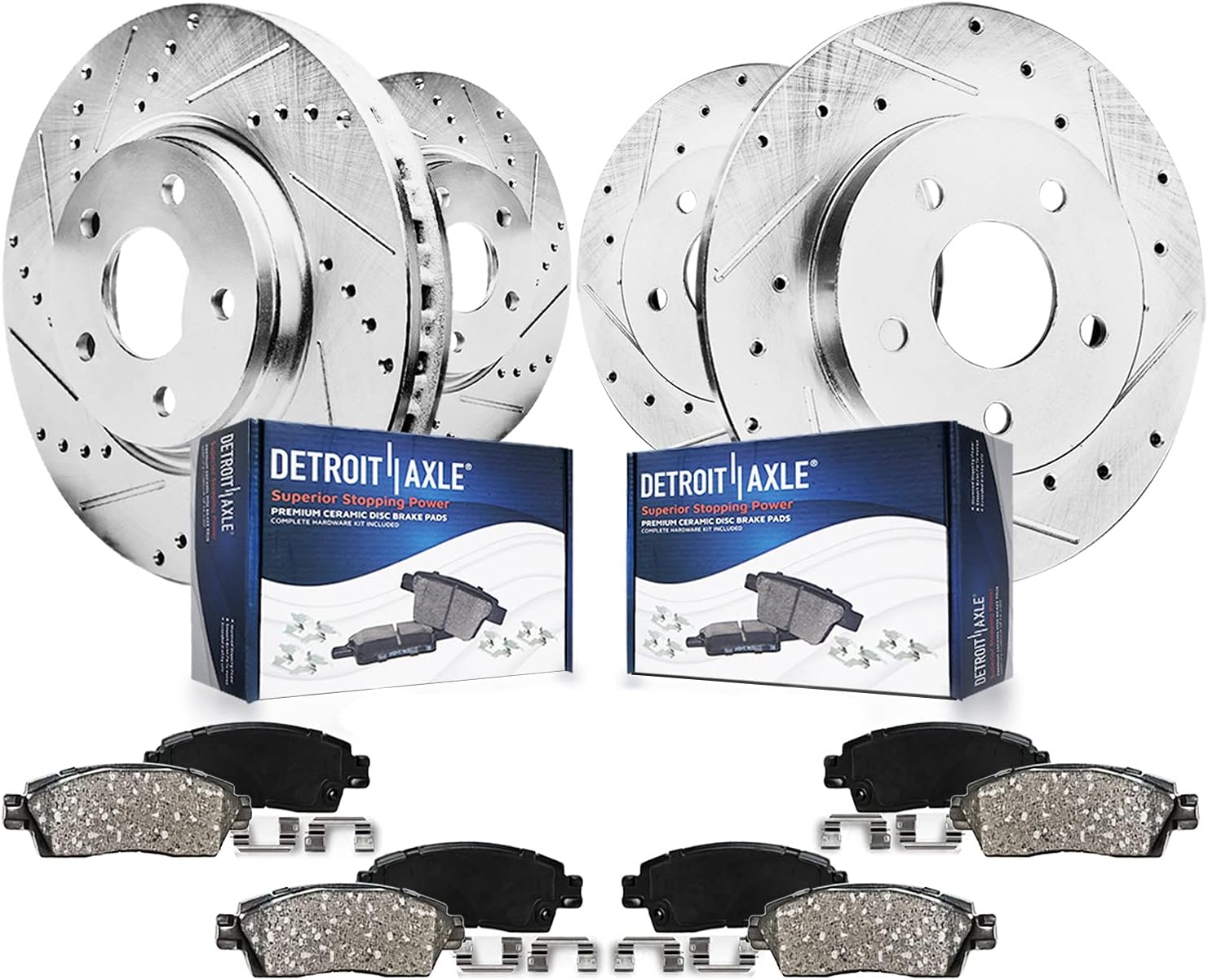 Detroit Axle - AWD Brake Kit for 2019-2025 Volvo S60 Drilled and Slotted Disc Brake Rotors Ceramic Brake Pads Replacement : 13.58' inch Front and 11.89' inch Rear Rotor
