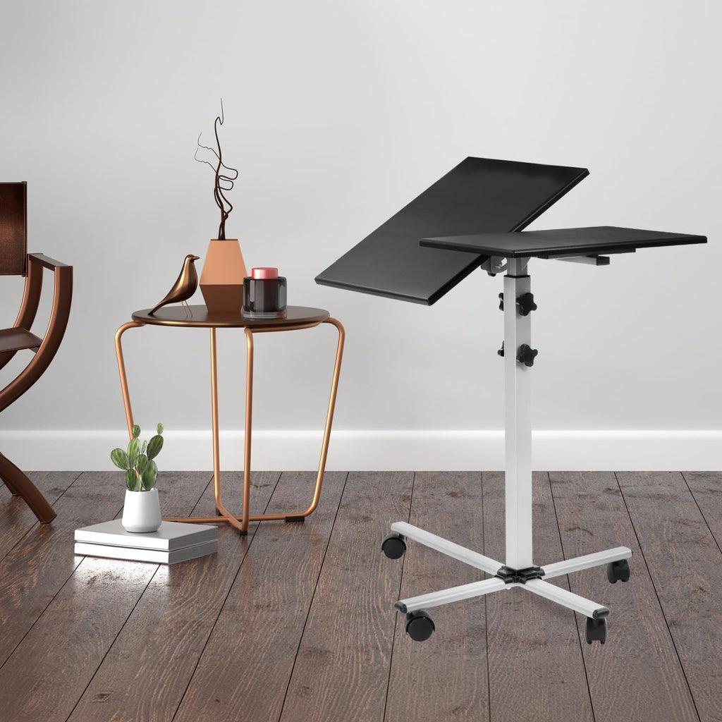 Mount-It! Projector Stand Mobile Projector Cart with Laptop Shelf on Wheels, Heavy Duty Two Shelves Height Adjustable Laptop and Projector Presentation Trolley in Black