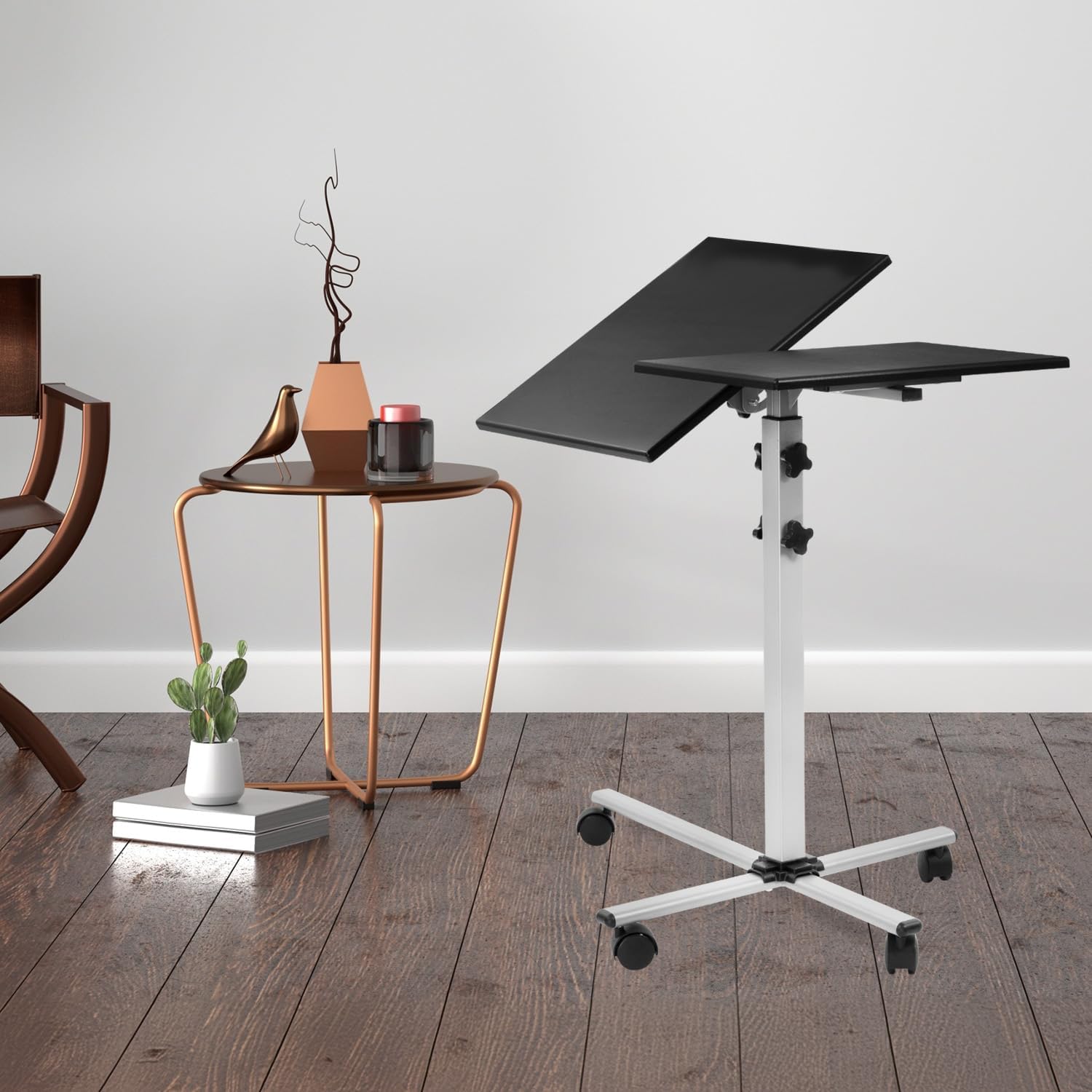 Mount-It! Projector Stand Mobile Projector Cart with Laptop Shelf on Wheels, Heavy Duty Two Shelves Height Adjustable Laptop and Projector Presentation Trolley in Black