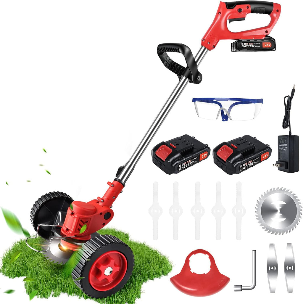Cordless Weeder Mower Battery Powered 21V 2000mAh, Electric Weeder Brush Cutter, Height Adjustable Edge Trimmer mini Mower 3-in-1 Cutting Tool, 8 Blades, 1 Wheel, 2 Batteries, 1 Charger
