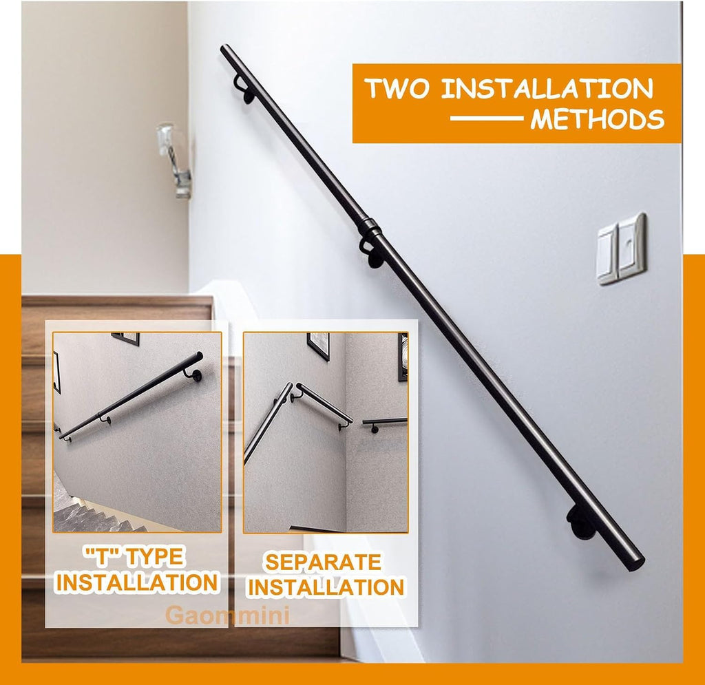Wall Handrail for Indoor Stairs Railing Wrought Iron Outdoor Grab Bar Railing Safety Non-Slip Handrails Railing for Home Bathroom Corridor Decking, Black(9.2ft/280cm)