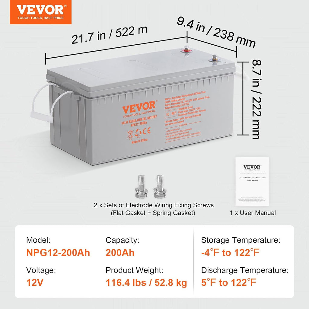 VEVOR Deep Cycle Battery, 12V 200 AH Rechargeable AGM Marine Battery, Designed for RV Solar Off-Grid Use, UPS Backup, Deep Cycle Marine Battery with a Self-Discharge Rate, 1400A Current