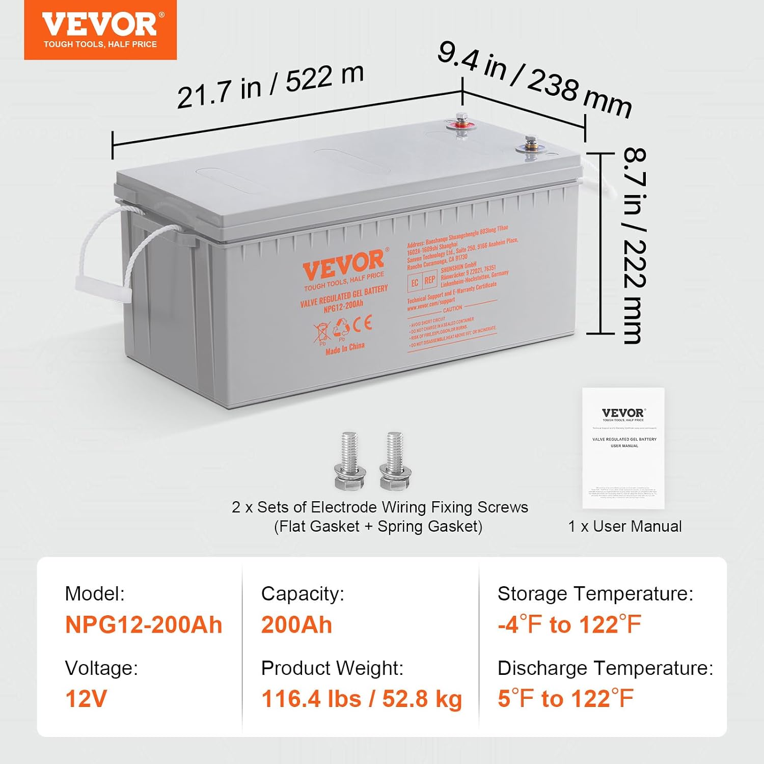 VEVOR Deep Cycle Battery, 12V 200 AH Rechargeable AGM Marine Battery, Designed for RV Solar Off-Grid Use, UPS Backup, Deep Cycle Marine Battery with a Self-Discharge Rate, 1400A Current