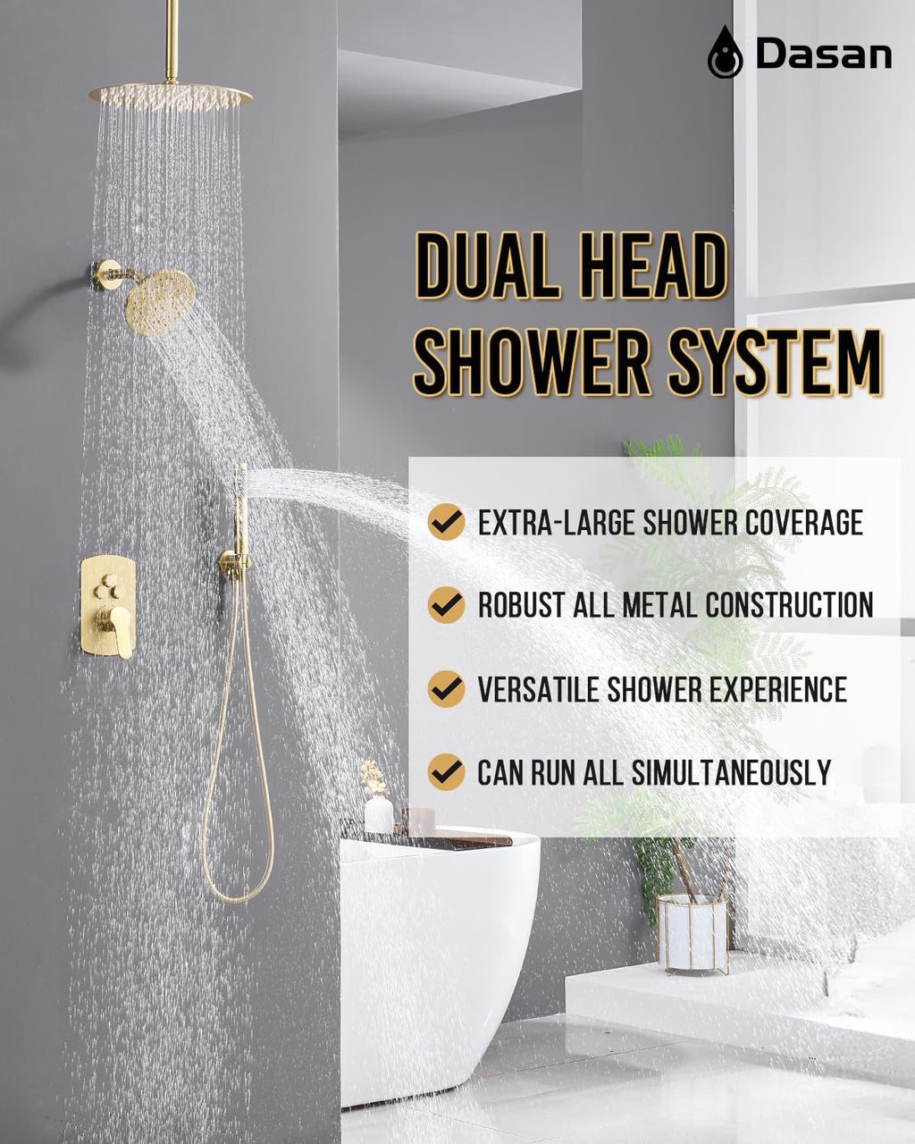 Dasan Rainfall Full Body Shower Faucet System with 12'' Round Shower & 6'' Round Shower,Brushed Gold Dual Shower Head Faucets Set with Handheld & Valve, Double Shower Head System for Couples/ 2-Person