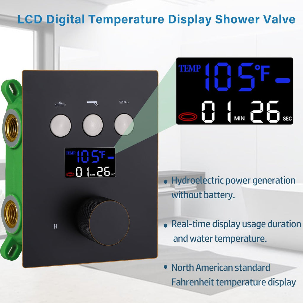 Oil Rubbed Bronze Digital Temperature Display Shower Faucets Sets 12 inch Ceiling Thermostatic Full Body Shower System with 4PCS Body Jet Push Button 3 Function Integrated Diverter Valve