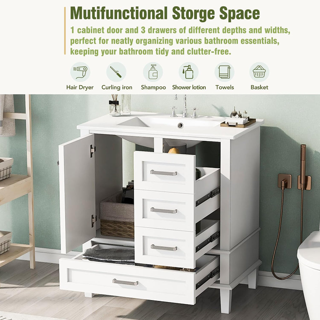 LUMISOL 30 Inch Bathroom Vanity with Sink, Wood Bathroom Storage Cabinet with Soft Closing Door and 3 Drawers, Freestanding Bathroom Vanities with Undermount Ceramic Sink, White