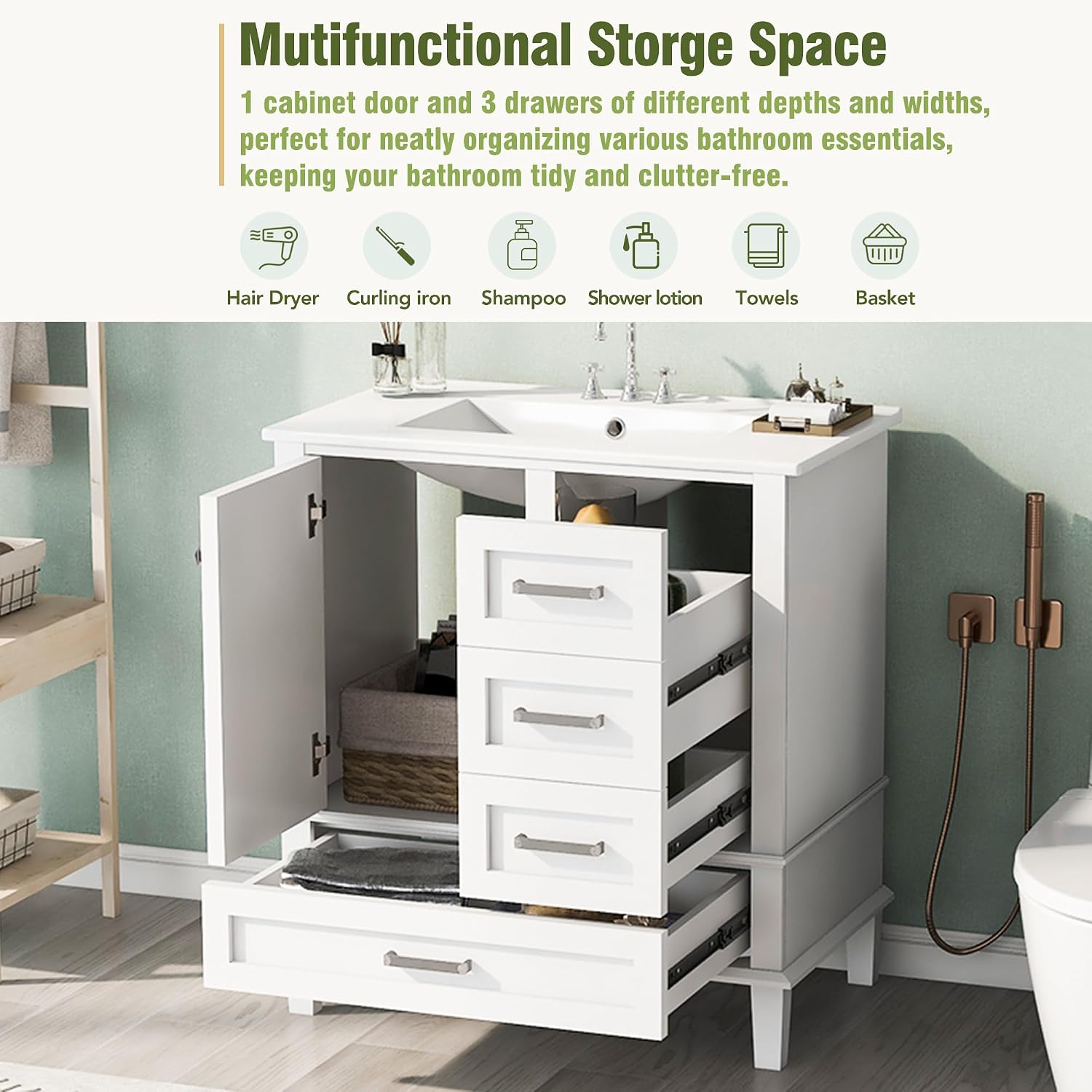 LUMISOL 30 Inch Bathroom Vanity with Sink, Wood Bathroom Storage Cabinet with Soft Closing Door and 3 Drawers, Freestanding Bathroom Vanities with Undermount Ceramic Sink, White