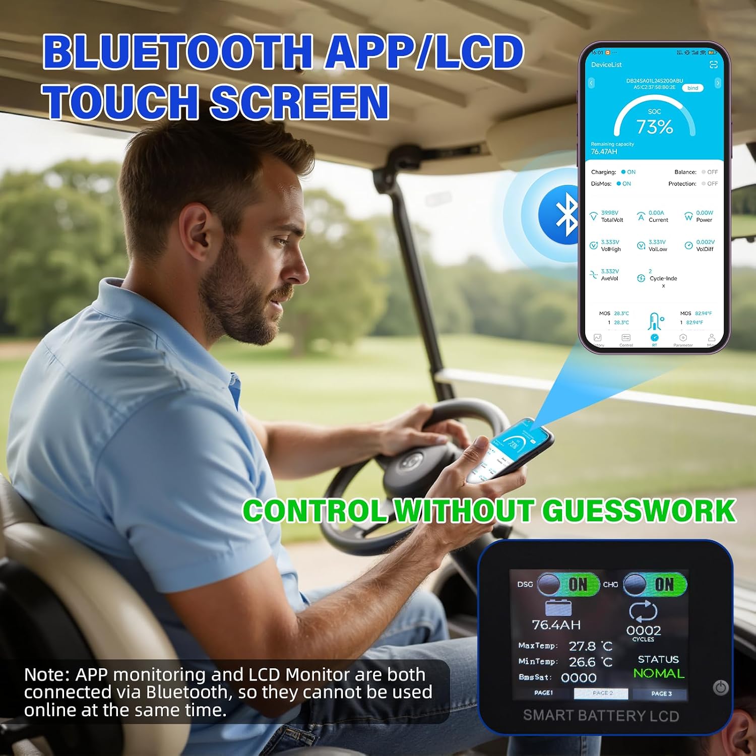 36V 105Ah LiFePO4 Golf Cart Battery -10+ Year Lifespan, 200A Smart BMS, Touch LCD/Bluetooth APP, Hold Down bracket, 36V 25A Charger IP67|38.4V Lithium Fits Club Car, YAMAHA, EZ GO, Lawn Mower, Marine