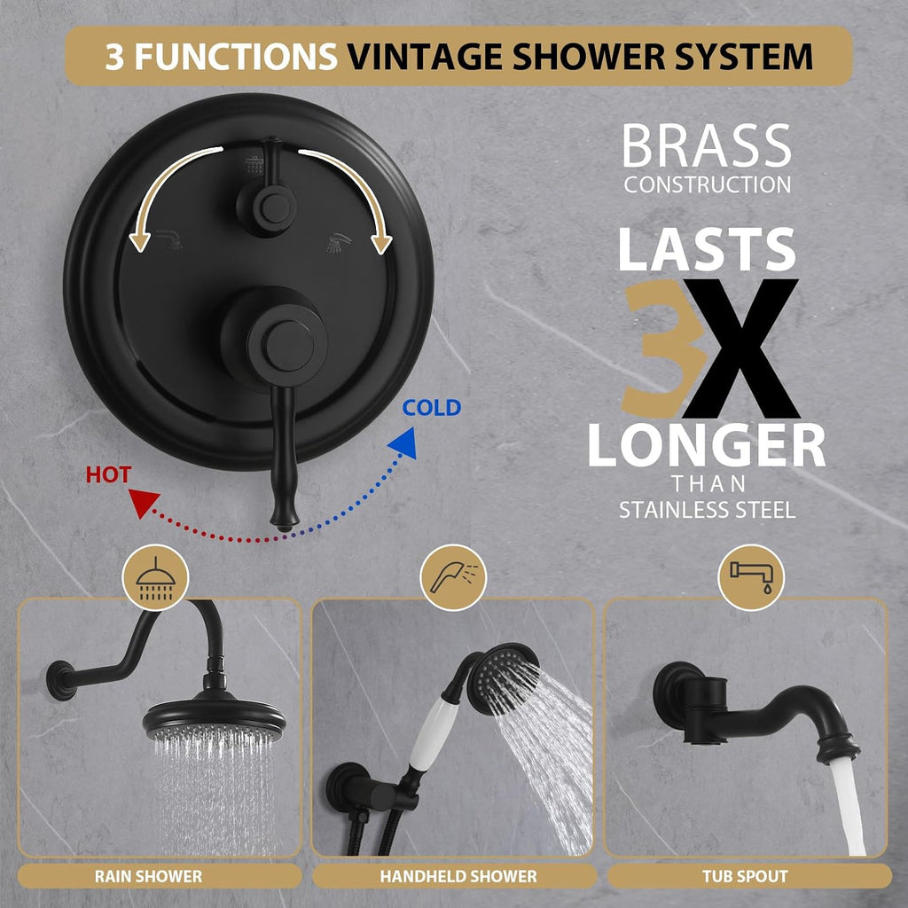 Shower Systems with Handheld Sprayer,3 Functions Shower Faucet Sets Wall Mounted,Shower Fixture with Brass Valve,Complete Shower System Kit with Foldable Tub Spout (Matte Black)