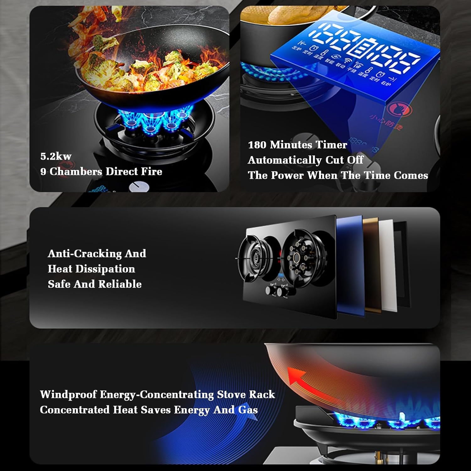 Gas Stove,Built-in Gas Stove with 2 Burners,5.2KW Nine-Cavity High-fire Timer,Gas/LP Gas Conversion Stove,with Flameout Protection,for Home Kitchen(LPG)