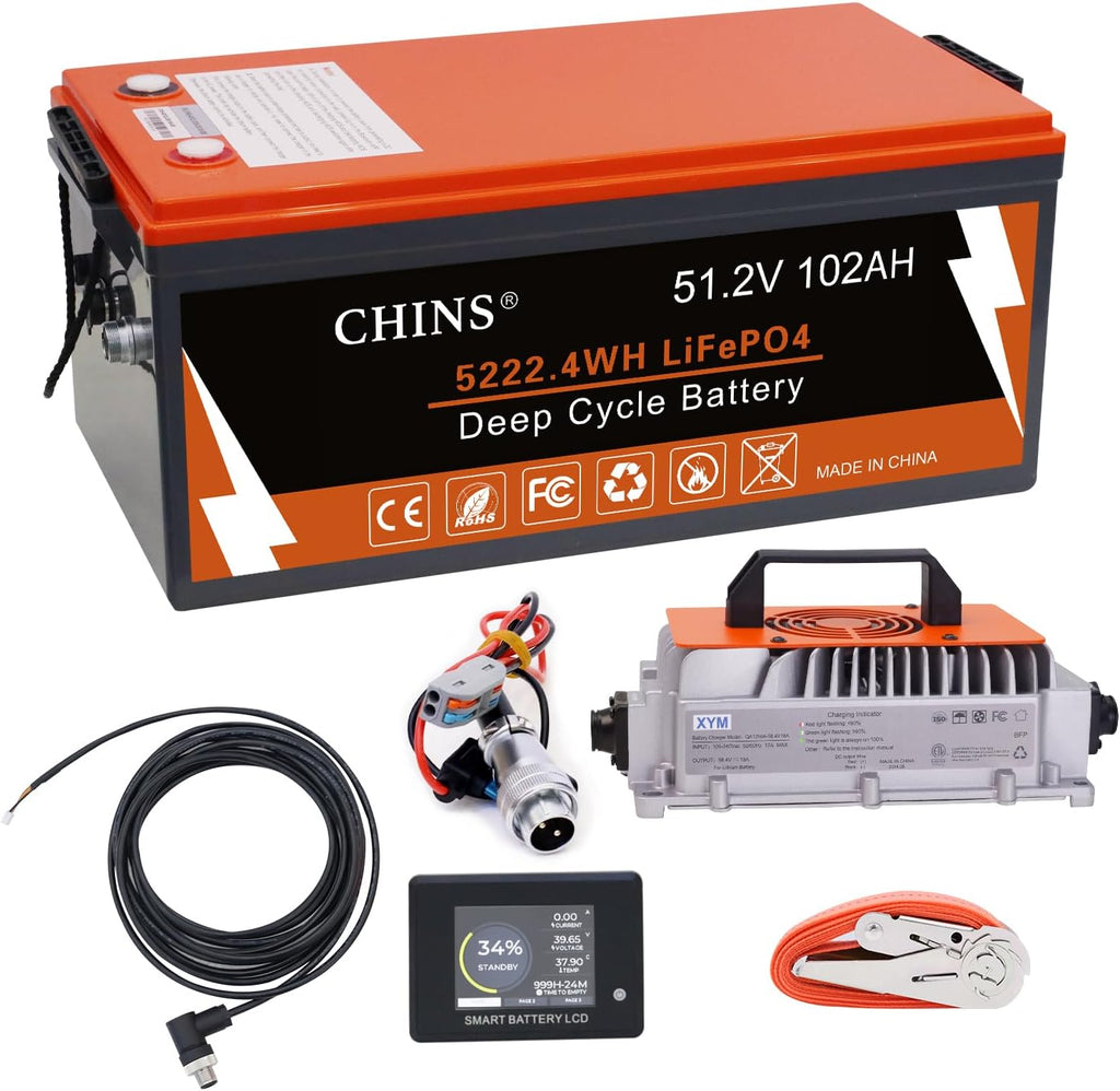 CHINS 48V Lithium Golf Cart Battery, 200A BMS, with Touch Monitor and Retention Strap, 5000+ Cycles 48V 102AH Lithium Battery with Charger Perfect for Golf Carts