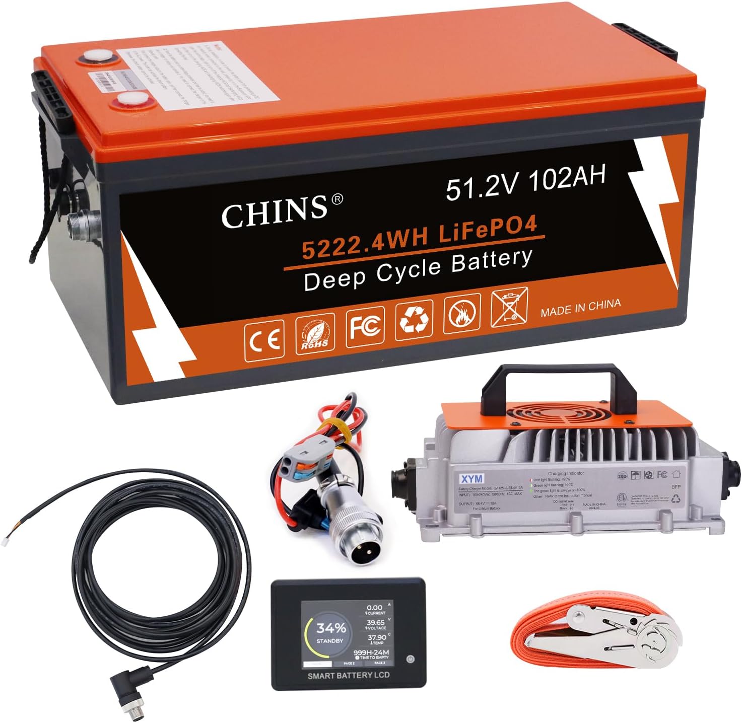 CHINS 48V Lithium Golf Cart Battery, 200A BMS, with Touch Monitor and Retention Strap, 5000+ Cycles 48V 102AH Lithium Battery with Charger Perfect for Golf Carts
