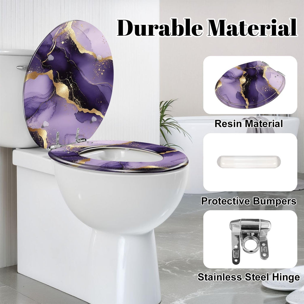Round Toilet Seat Purple marble gold stripes alcohol ink Luxury violet black watercolor Resin Toilet Seat Slow Quiet Close Lid with Quick-Release Hinges Cover Bumpers Easy to Clean Install