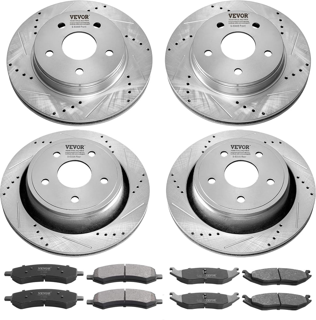 VEVOR Front and Rear Brake Kit for 06-2018 Dodge Ram 1500, 07-2009 Dodge Durango Chrysler Aspen, Drilled and Slotted Brake Rotors Ceramic Brake Pads Replacement, 13.2' Front Rotors 13.9' Rear Rotors
