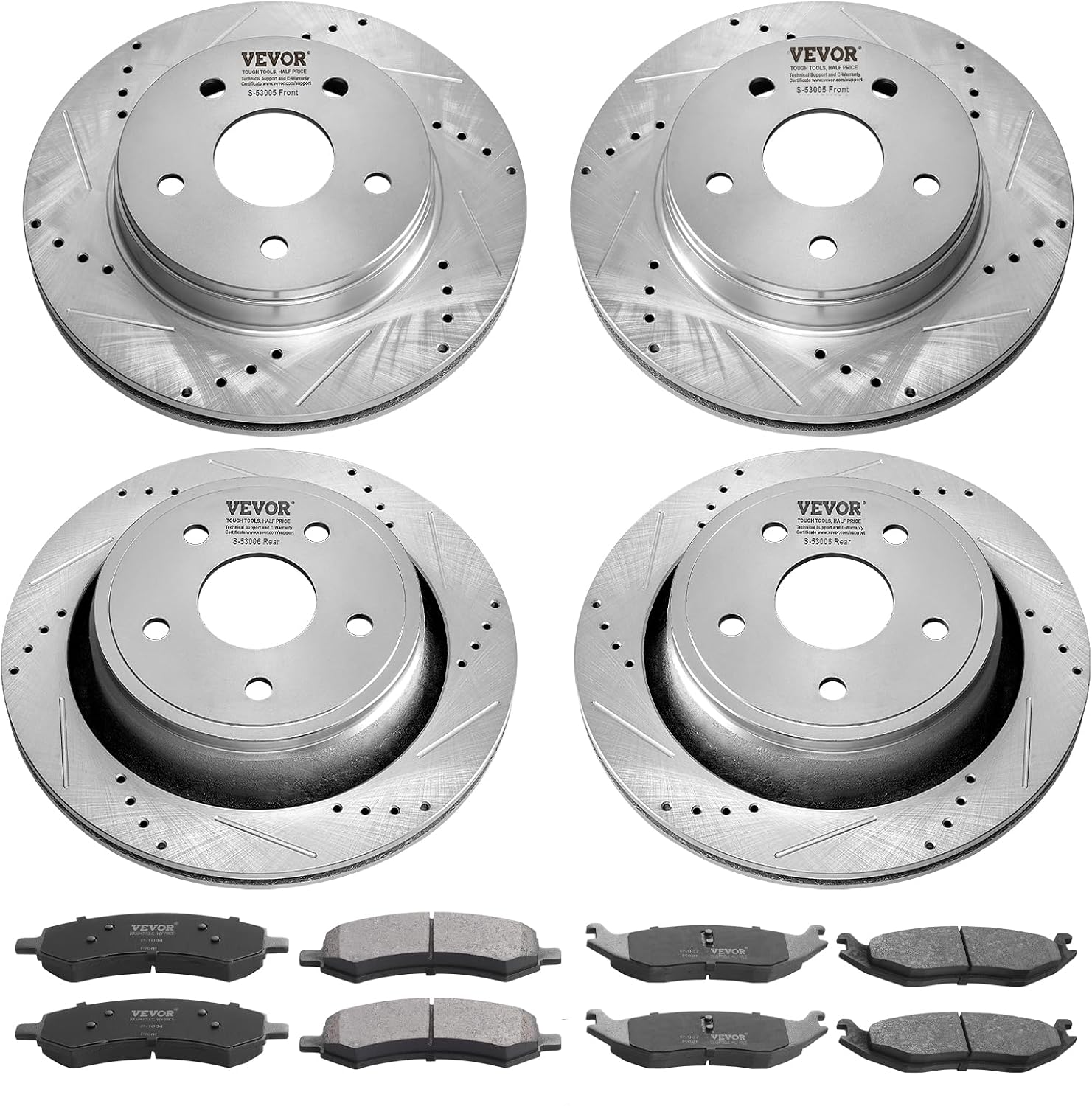 VEVOR Front and Rear Brake Kit for 06-2018 Dodge Ram 1500, 07-2009 Dodge Durango Chrysler Aspen, Drilled and Slotted Brake Rotors Ceramic Brake Pads Replacement, 13.2' Front Rotors 13.9' Rear Rotors
