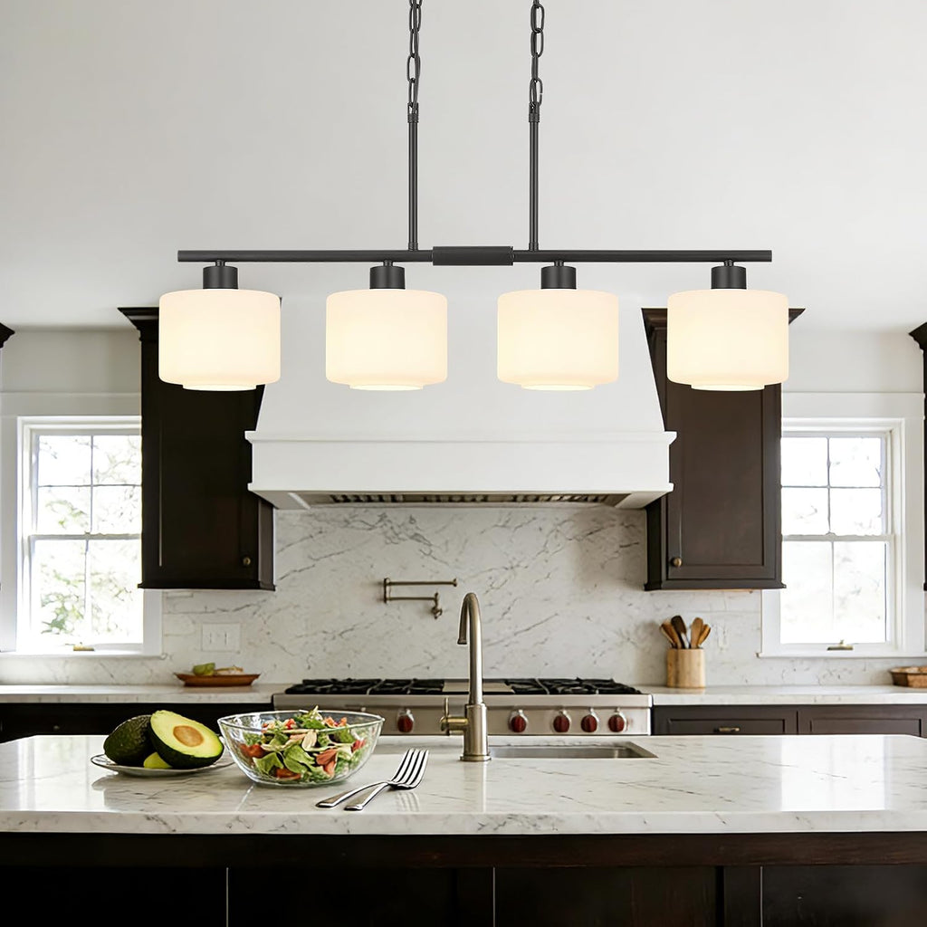 4-Light Kitchen Island Lighting, Modern Black Linear Dining Room Chandelier Light Fixtures with Milk Glass and Chain, Farmhouse Hanging Lights for Kitchen Island Dining Room, OS-YQ8153-4ISBKW