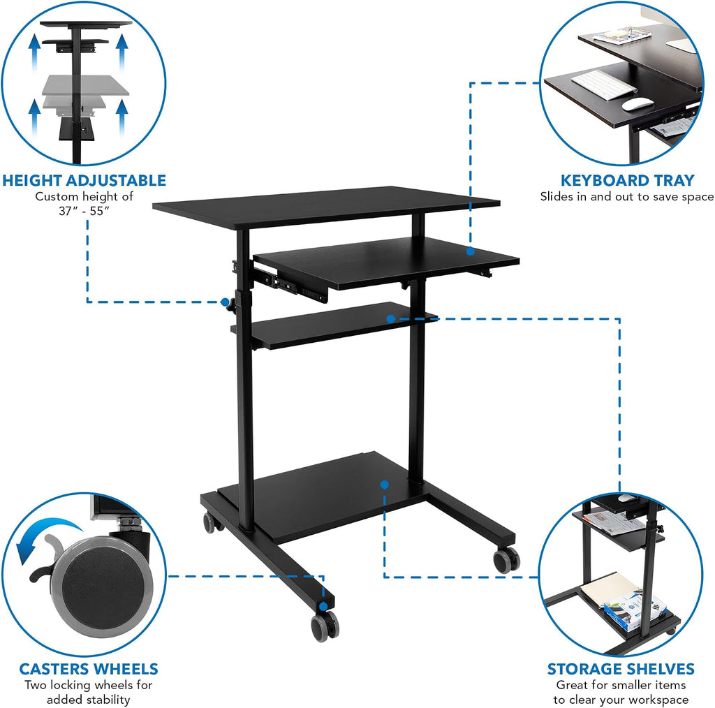 Mount-It! Mobile Standing Desk with Retractable Keyboard Platform | Height Adjustable Stand Up Computer Workstation | Locking Wheels, 99 Lbs Capacity
