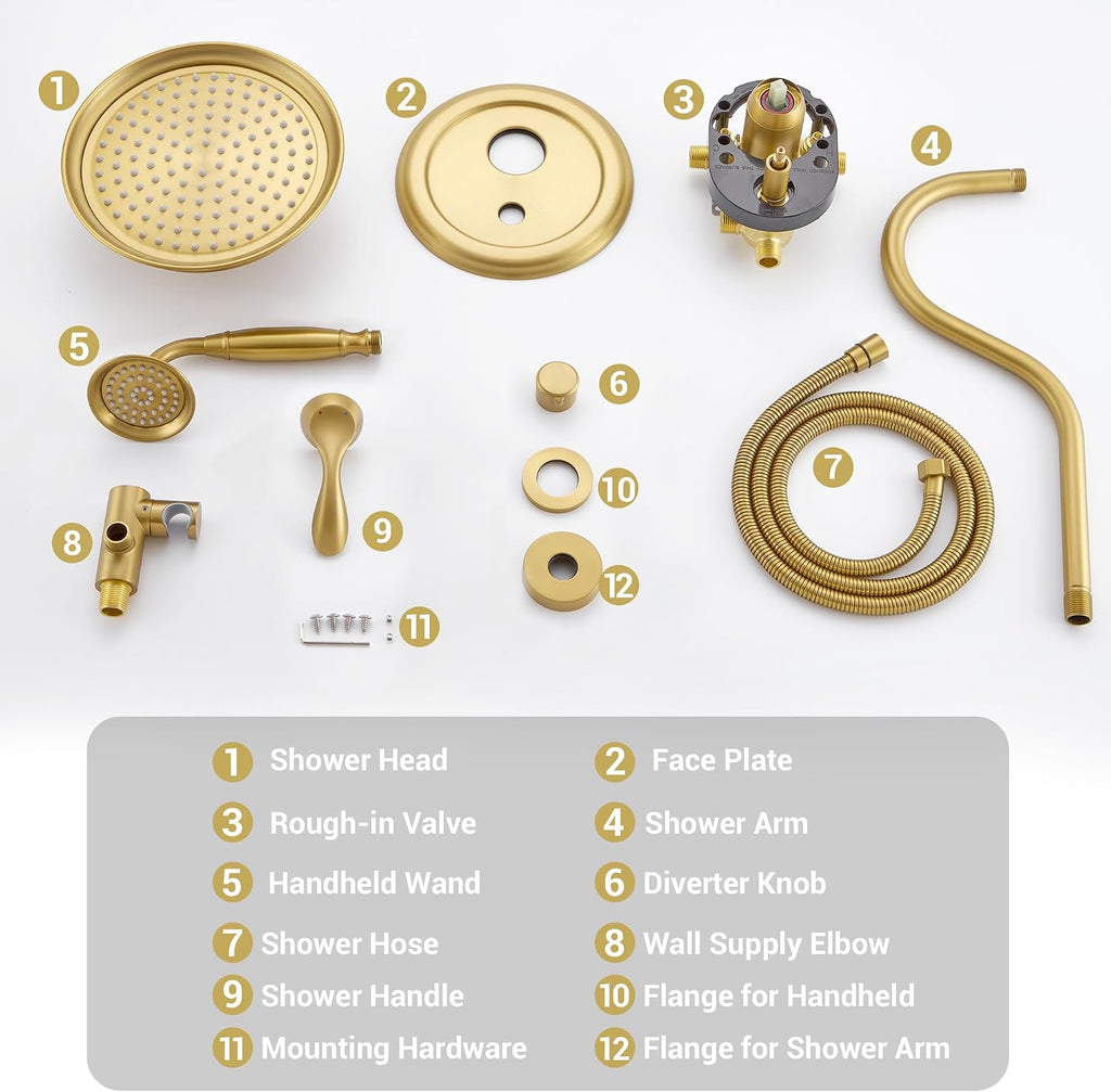DASAN Brushed Gold Rain Shower System Complete Antique Shower Faucet Sets, Brushed Gold Shower Fixtures Combo with Pressure Balance Valve, Trim Kit, 9'' Rainfall Overhead Shower & Handheld, AT209W-BTG
