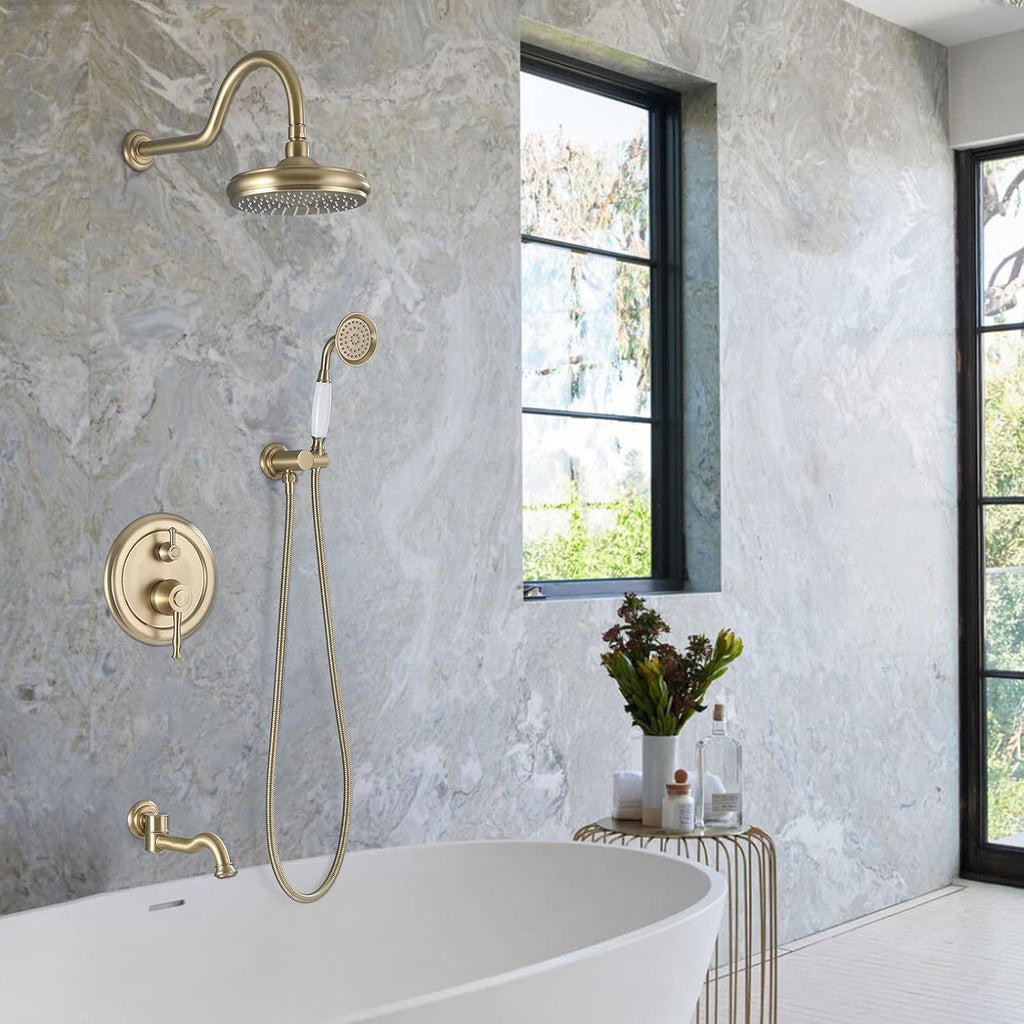 Rainfall Shower System with Handheld Sprayer,Brushed Gold Antique Shower Faucet Sets,Shower Fixture Combo with Brass Pressure Balance Valve,Complete Shower System Kit with Foldable Tub Spout