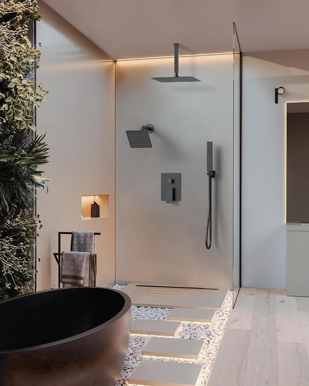 Matte Black 3-Function Shower System with 10' Rainfall & 6' Secondary Shower Head, Handheld Combo Set, Wall Mounted cUPC Certified Pressure Balance Valve