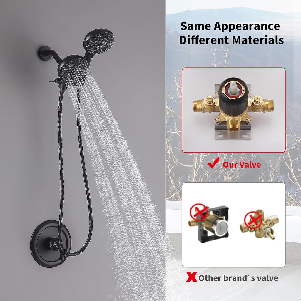Dual Shower Head with Handheld Bathroom Double Shower Heads High Pressure 3-Way Rainfall Combo with SUS304 Hose 7-Setting Showerhead and Hand Held Shower Separately or Together Matte Black