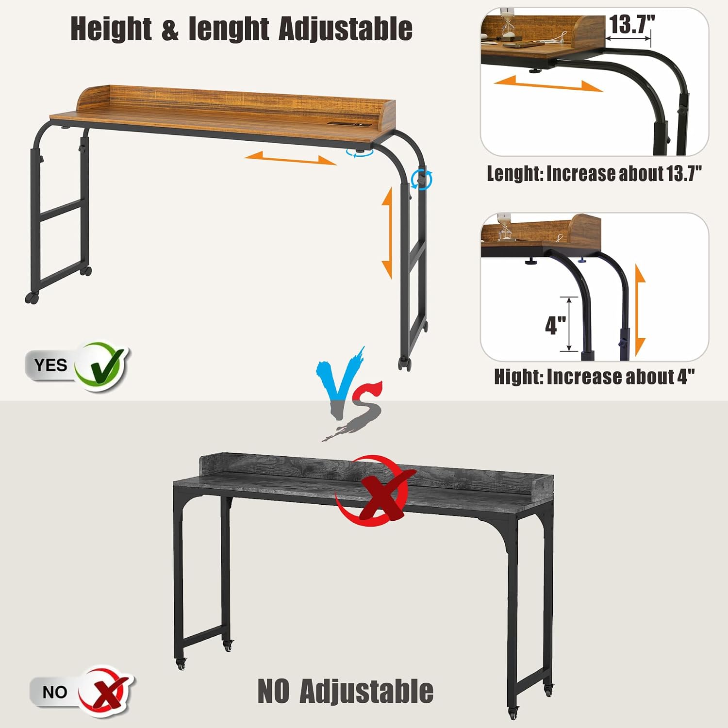 HWB Overbed Desk with Charging Station-Over Bed Table-Adjustable Length/Height with Wheels - Human Sensor LED Light Mobile Queen Size Bed Table Rolling Tray Table for Eating & Laptops, Brown