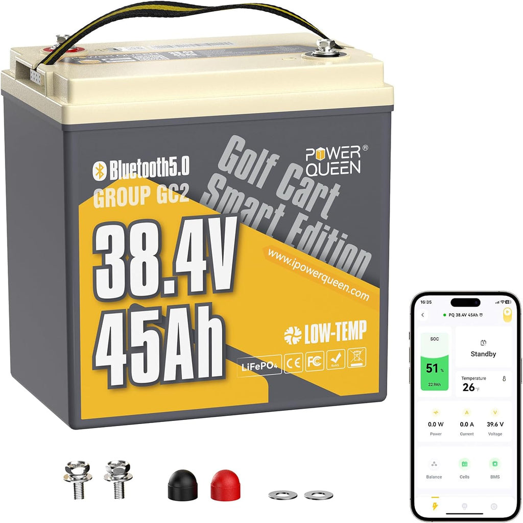Power Queen 36V 45Ah Golf Cart Lithium Battery,GC2 Size LiFePO4 Battery with Bluetooth & Low-Temp Protection, 90A Smart BMS,Support Up to 2kW Motor,Max 3.45kW Output Power for Golf Carts