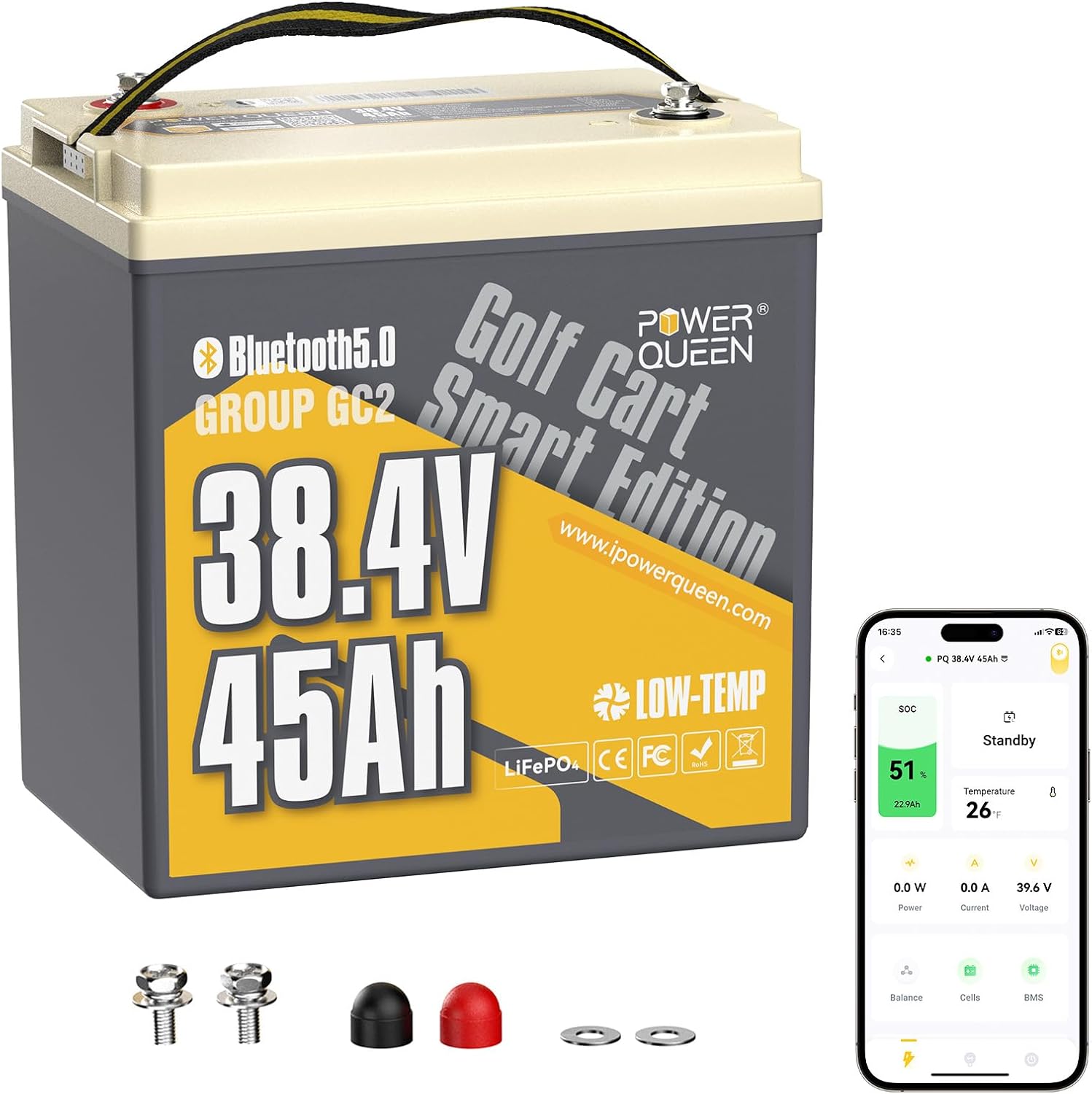 Power Queen 36V 45Ah Golf Cart Lithium Battery,GC2 Size LiFePO4 Battery with Bluetooth & Low-Temp Protection, 90A Smart BMS,Support Up to 2kW Motor,Max 3.45kW Output Power for Golf Carts