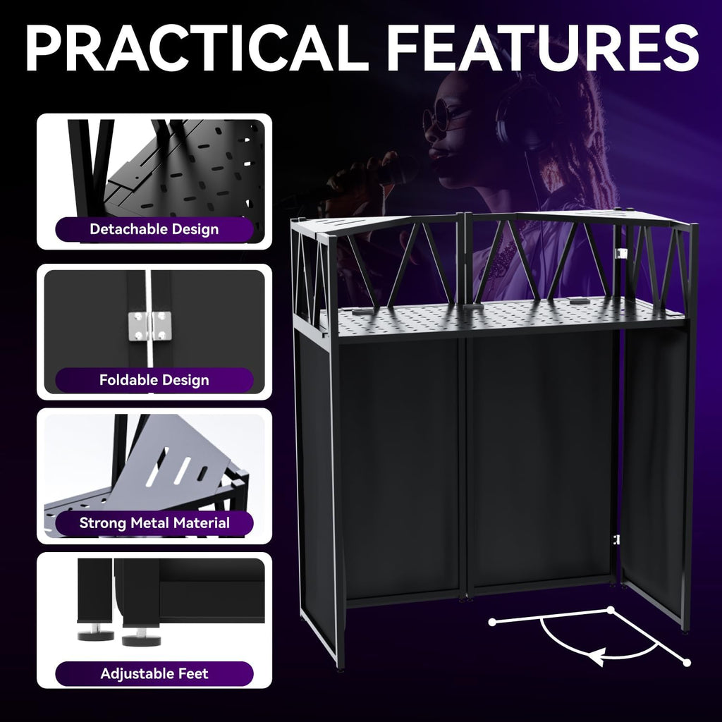 Portable DJ Booth Table,Foldable DJ Table Stand with White & Black Scrim,Adjustable D J Facade Station Triangle Plate Metal Frame with Cable Hole for Private Events, Clubs, Bars