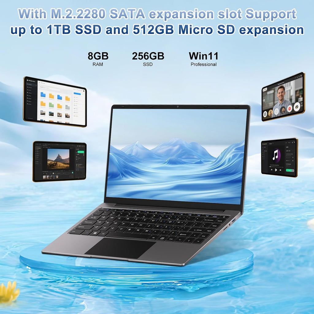 14 Inch Laptop Computer Win 11 8GB+256GB SSD Up to 1TB SSD Expand Laptops Celeron N4020 Up to 2.8Ghz 1080p FHD Dual WiFi BT4.2 with Webcam Screen Projection Function for Business Student- Gray