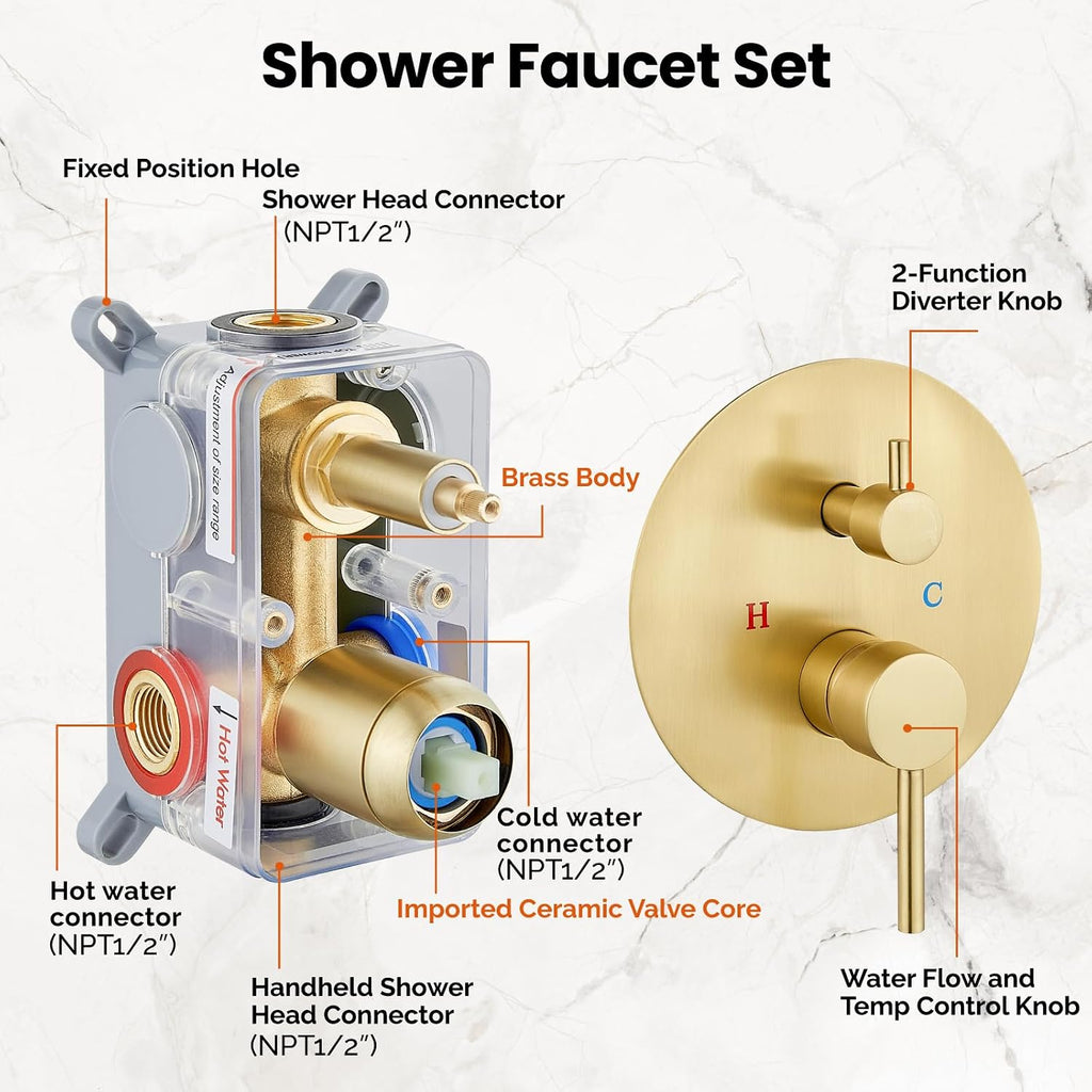 Airuida Shower Faucet Set, Bathtub Faucet Set with 8 Inch Rain Shower Head and Valve,2 Functions Tub Shower Faucet Set for Bathroom-Brushed Gold