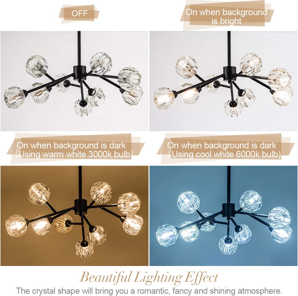 Weesalife Sputnik Chandeliers for Dining Room Light Fixture Over Table, Modern Crystal Chandeliers, 9 Lights Black Lighting Fixtures for Living Room Bedroom Kitchen Island Bar