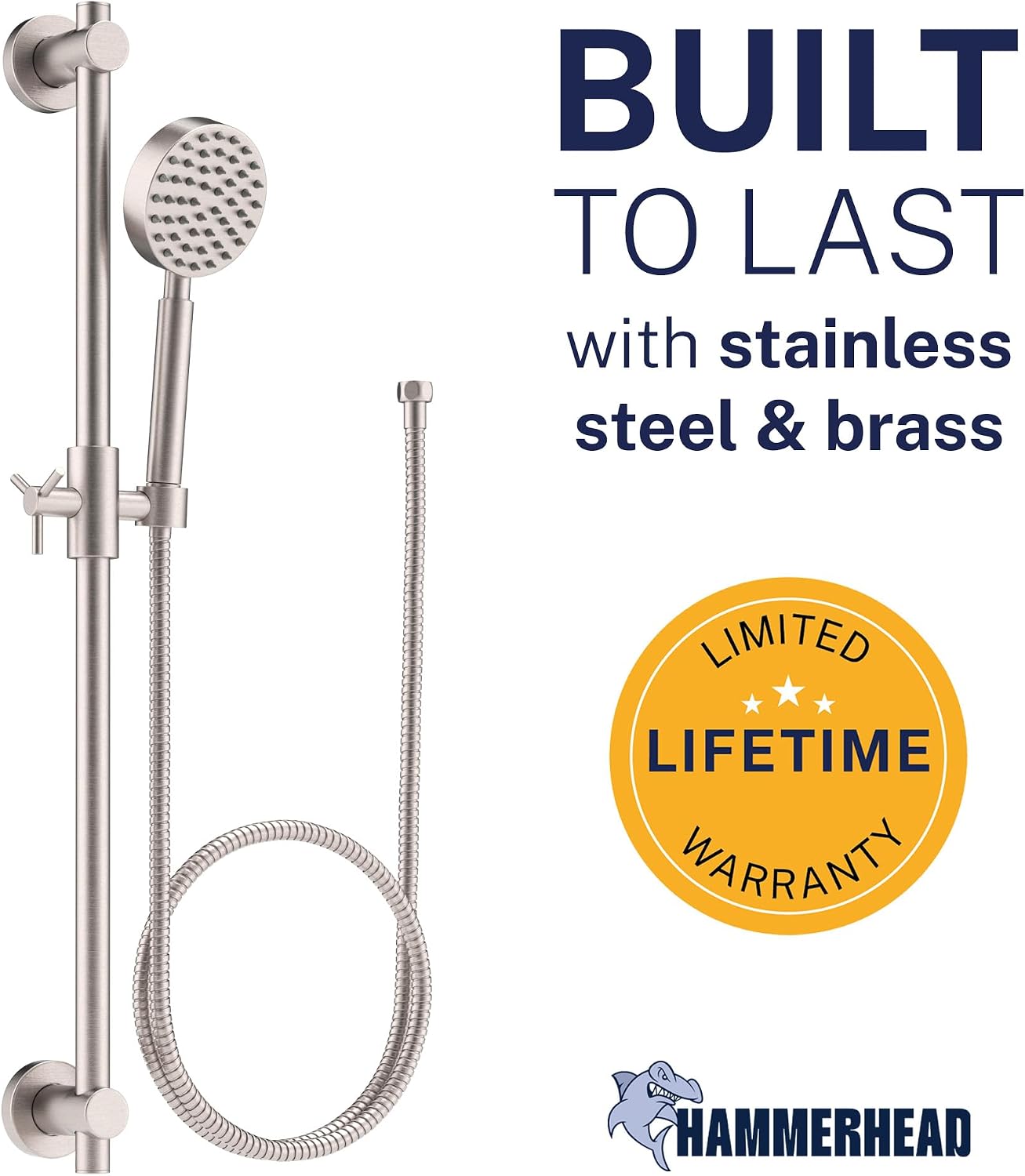 HammerHead Showers® SOLID METAL 27.5 Inch Shower Slide Bar Set and Handheld Shower Head with Hose — BRUSHED NICKEL — 1.75 GPM Low Flow Spray Wand — Easily Adjust Height & Angle of Handshower