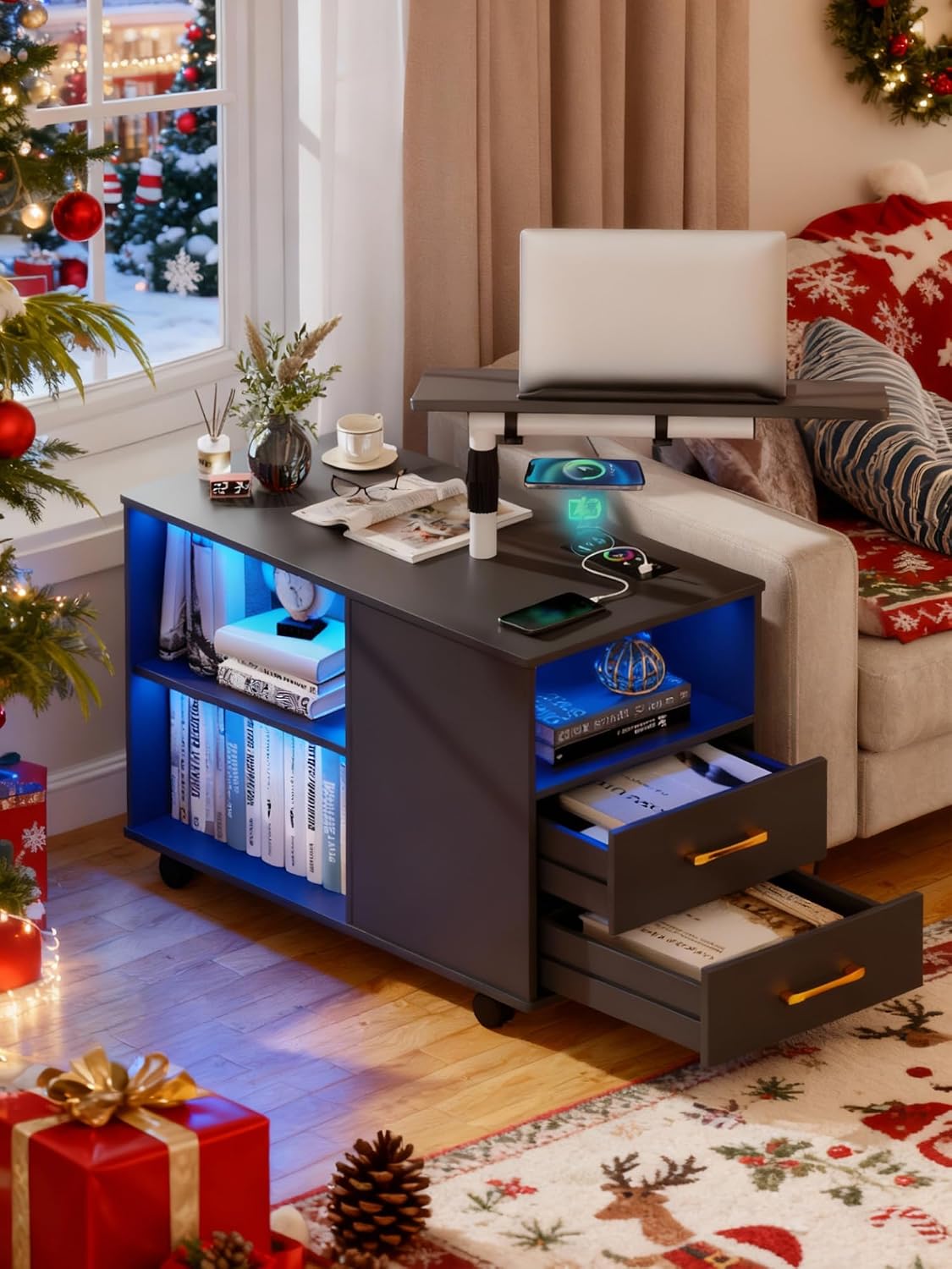 Smart Night Stand with 360° Laptop Tray, RGB Nightstand with Charging Station,Modern Bedside Table with 24-Color Human Sensor Lights,Large End Table w/ 2 Drawers,3 Shelves,5 Wheels,Black
