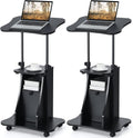 COSTWAY Mobile Lectern Podium Stand, Rolling Laptop Cart w/ 180° Tilting Tabletop, Storage Compartments & Lockable Casters, Sit-to-Stand Computer Workstation for Home, Office, School (Black, Set of 2)