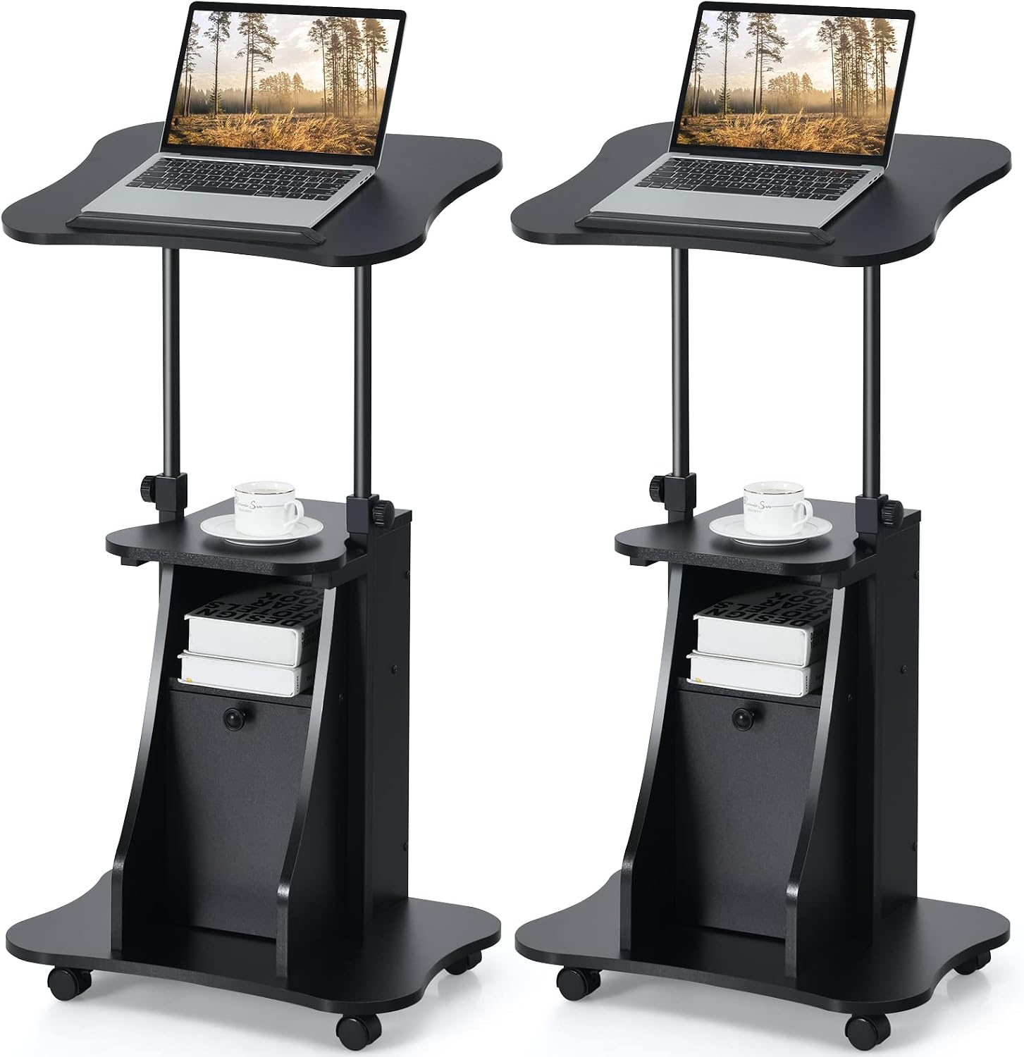 COSTWAY Mobile Lectern Podium Stand, Rolling Laptop Cart w/ 180° Tilting Tabletop, Storage Compartments & Lockable Casters, Sit-to-Stand Computer Workstation for Home, Office, School (Black, Set of 2)