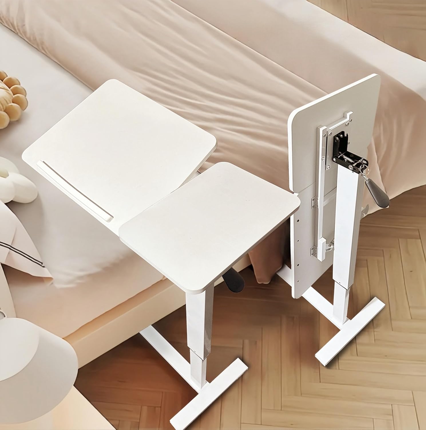 Portable Overbed Rolling Desk, Height Adjustable Mobile Standing Table, Foldable 31 Inch Small Laptop Bedside Desk with Tiltable Desktop, Hidden Wheels, Tray Table for Bed Sofa Side, White